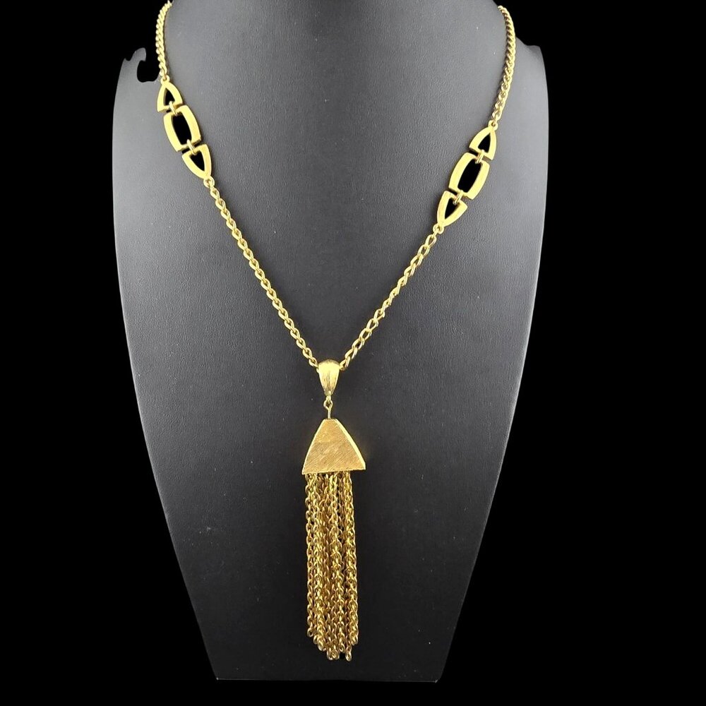 Gold Tone Tassel Necklace With Textured Pendant & Chain Links
